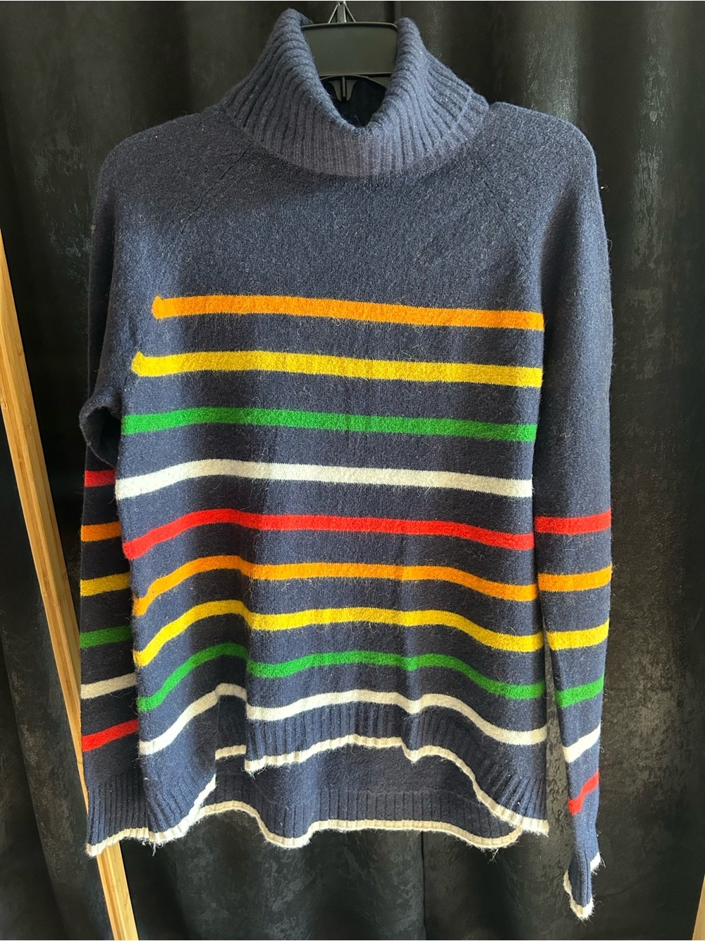 J. Crew Navy Turtleneck Sweater with Multicolor Stripes